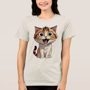 Wide Eyed Excited Kitten Cartoon Tri-Blend Shirt