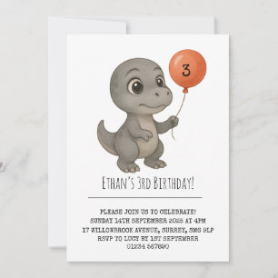 Wide-Eyed Grey Dinosaur with Balloon Birthday  Invitation