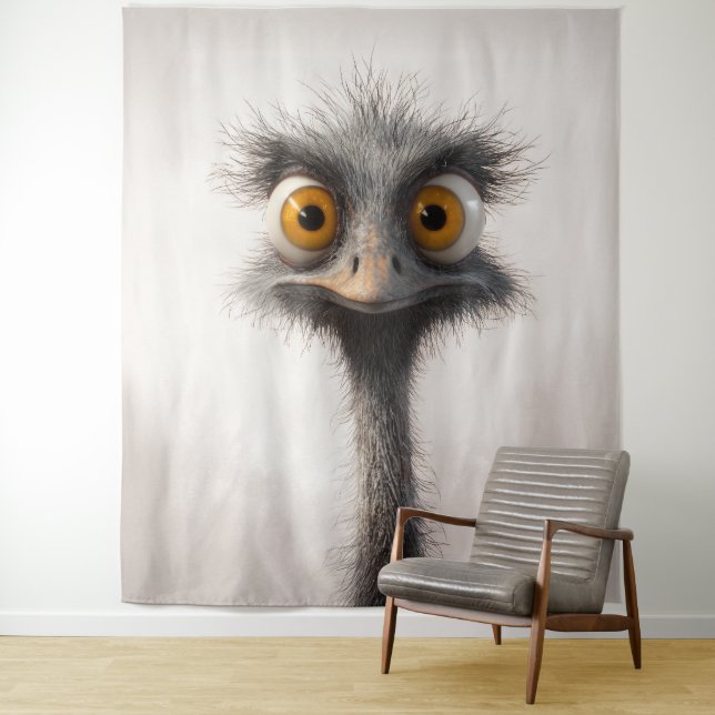Wide-Eyed Ostrich Cartoon Portrait Tapestry (In Situ)