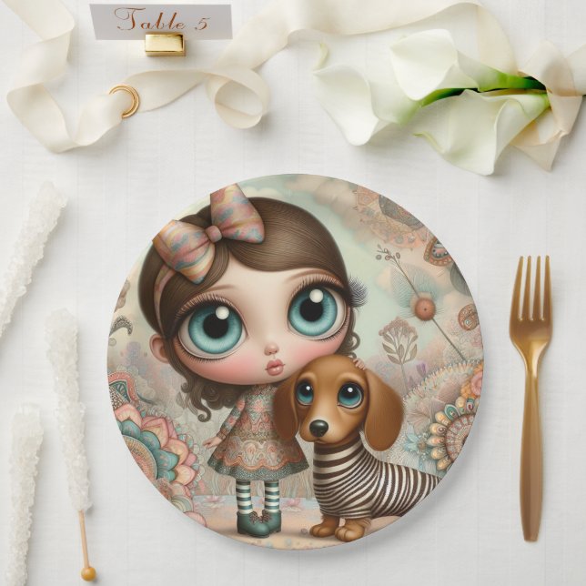 Wide Eyed Primitive Girl with dog Paper Plate (Wedding)