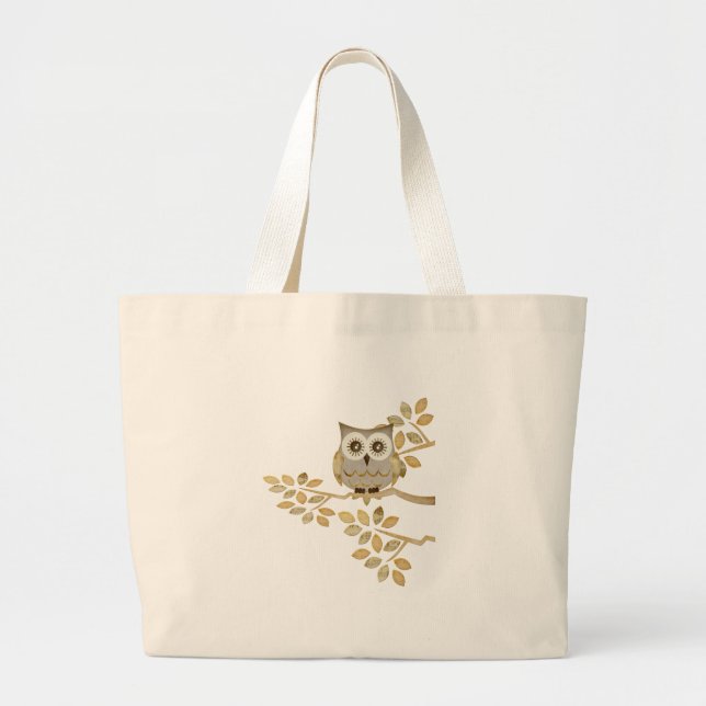 Wide Eyes Owl in Tree Large Tote Bag (Front)