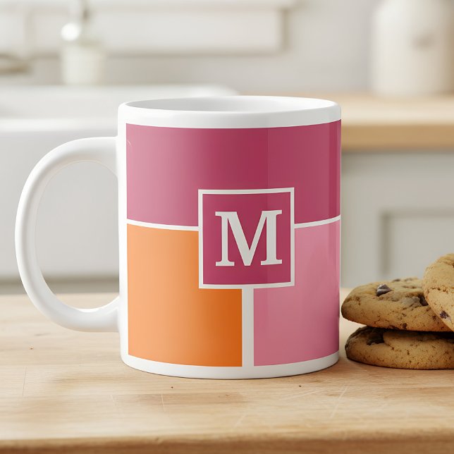 Wide Feminine Stripes with Monogram Large Coffee Mug (mug with monogram in pink and orange)