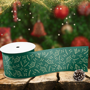 Wide Green Christmas Ribbon With Yellow Branches Satin Ribbon
