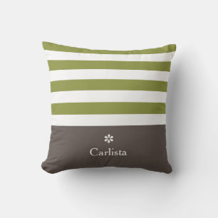Wide Green Horizontal Stripes Brown Name Daisy Cushion