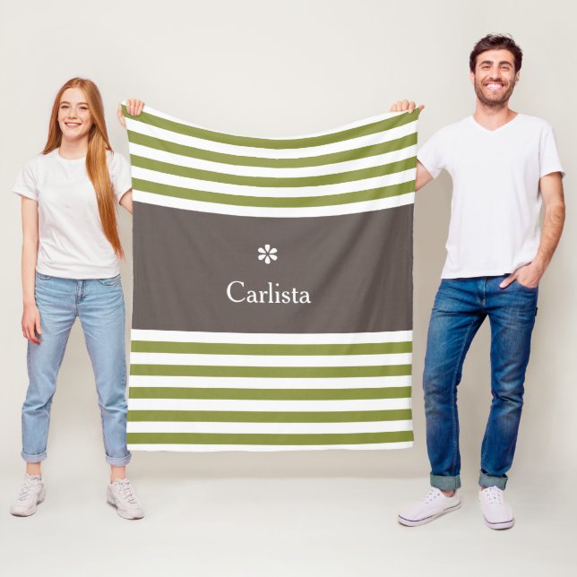 Wide Green Horizontal Stripes Brown Name Daisy Fleece Blanket (In Situ)