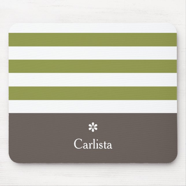 Wide Green Horizontal Stripes Brown Name Daisy Mouse Pad (Front)