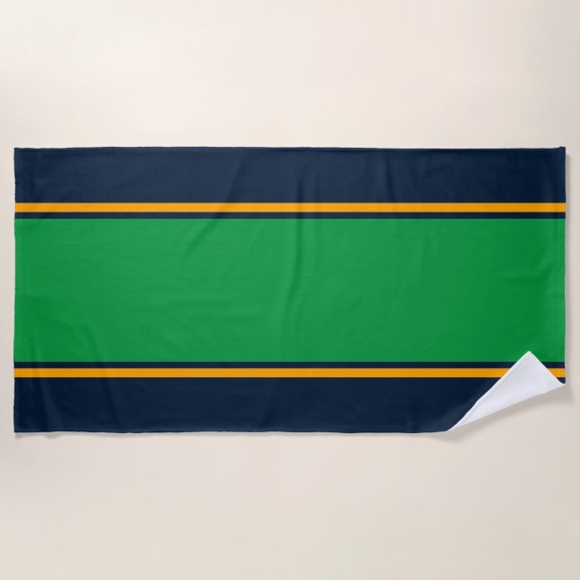 Wide Kelly Green Yellow On Navy Racing Stripes Beach Towel (Front)
