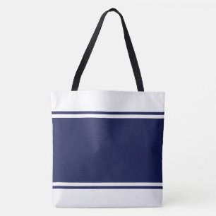 Wide Nautical Navy Blue Racing Stripes On White Tote Bag