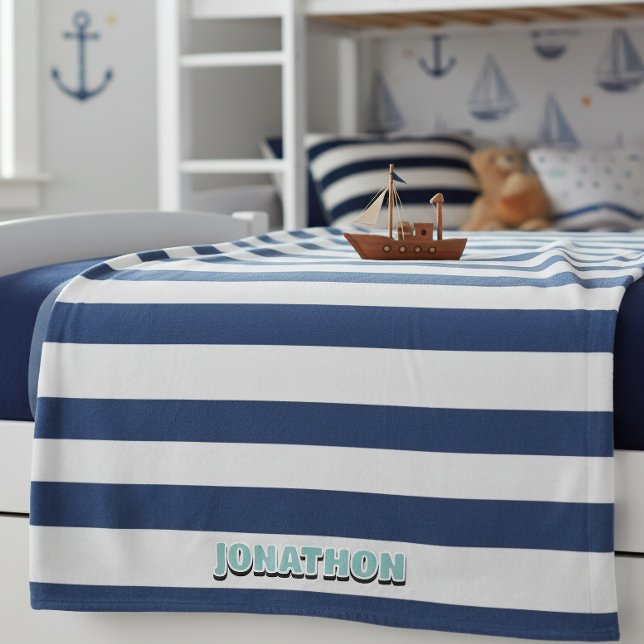 Wide Nautical Striped Weave Navy White ID1248 Fleece Blanket (Creator Uploaded)