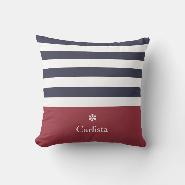 Wide Navy Blue Horizontal Stripes Red Name Daisy Cushion (Front)