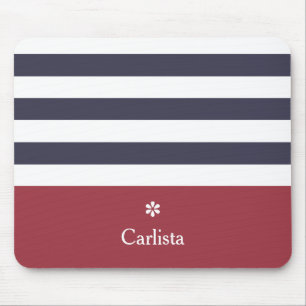Wide Navy Blue Horizontal Stripes Red Name Daisy Mouse Pad
