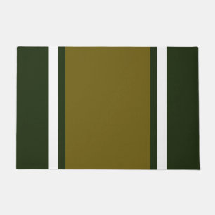Wide Olive White Racing Stripes On Dark Green Doormat