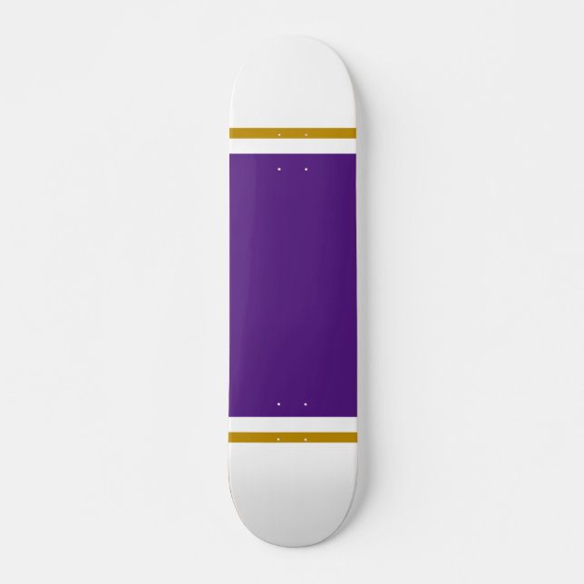 Wide Royal Purple Brown Racing Stripes On White Skateboard (Front)