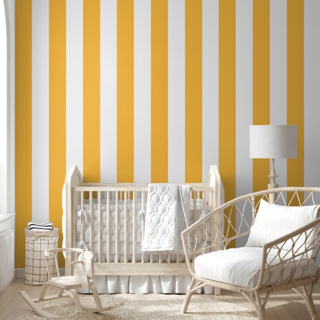 Wide Saffron Mango, Butterscotch and White Stripes Wallpaper (Kids)