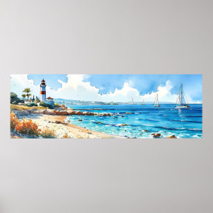 Wide Seascape Mediterranean Lighthouse and Yachts Poster