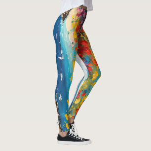 Wide Seascape Mediterranean Yachts and Flowers Leggings
