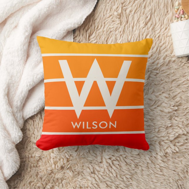 Wide Sunrise Red Orange Stripe Monogram  Cushion (Blanket)