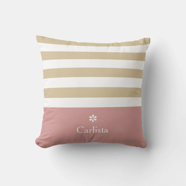 Wide Tan Horizontal Stripes Pink Name and Daisy Cushion (Front)