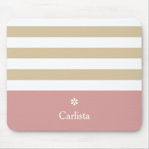 Wide Tan Horizontal Stripes Pink Name and Daisy Mouse Pad