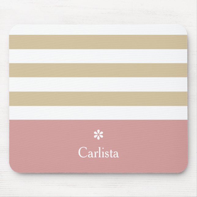 Wide Tan Horizontal Stripes Pink Name and Daisy Mouse Pad (Front)