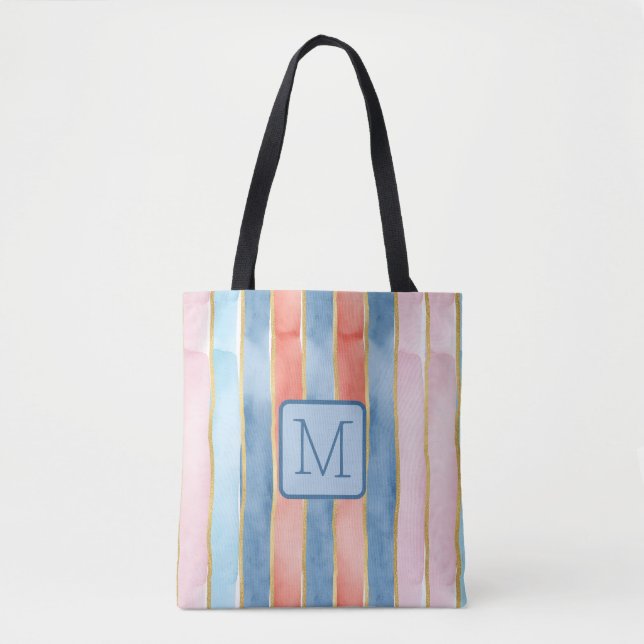 Wide Vertical Stripes Blues Color Block Monogram Tote Bag (Front)
