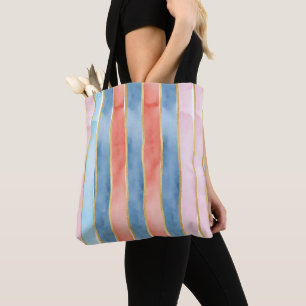 Wide Vertical Watercolor Stripes Blue Pink Coral Tote Bag