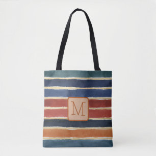 Wide Watercolor Stripes Tan Color Block Monogram Tote Bag