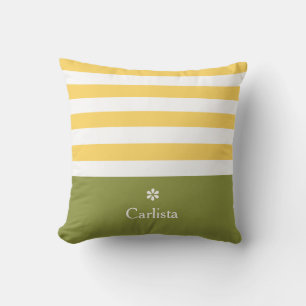 Wide Yellow Horizontal Stripes Green Name Daisy Cushion