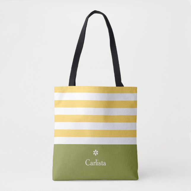Wide Yellow Horizontal Stripes Green Name Daisy Tote Bag (Front)