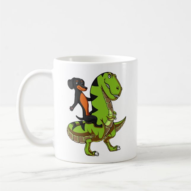 Wiener Dog Dachshund Riding T-Rex Dinosaur Coffee Mug (Left)