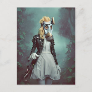 Wierd Alice in a Gas Mask post apocalyptic fantasy Postcard