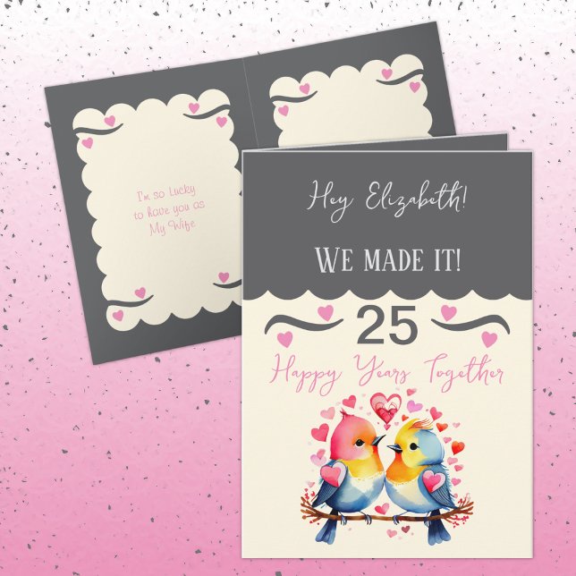Wife 25th anniversary birds grey pink card (Creator Uploaded)