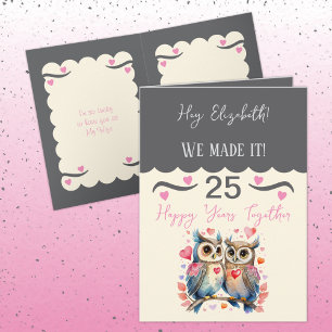 Wife 25th anniversary owls grey pink card