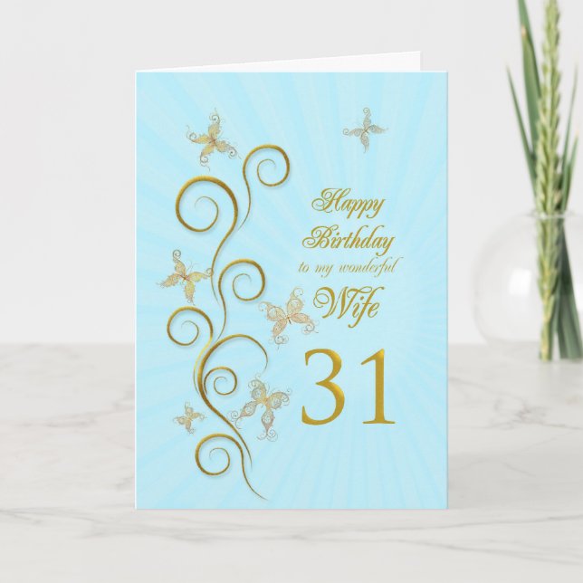 Wife 31st Birthday with golden butterflies Card (Front)