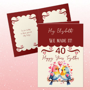 Wife 40th anniversary birds maroon pink card