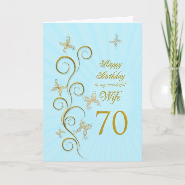Wife 70th Birthday with golden butterflies Card (Front)