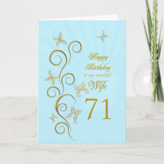 Wife 71st Birthday with golden butterflies Card (Front)