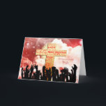 Wife, a Christian cross Christmas Holiday Card<br><div class="desc">A Christmas card for your wife. A very different Christmas card. Cheering crowds are waving their hands in front of a golden cross. The cross is inscribed with Christmas greetings and phrases in red. In the background is a red sky with swirling crowds and stars. Send a religious message this...</div>