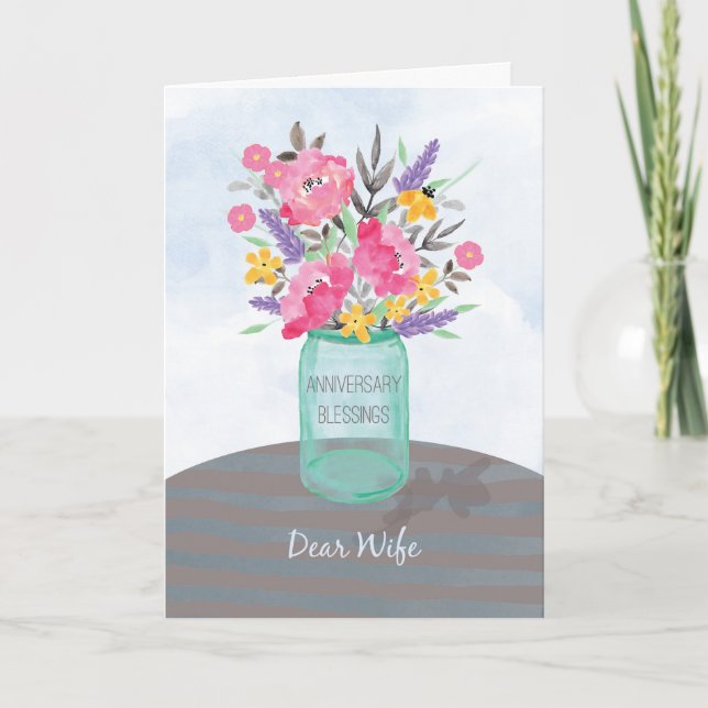 Wife Anniversary Blessings Jar Vase with Flowers Card (Front)