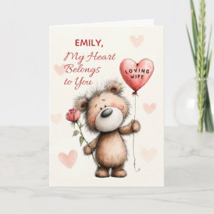 Wife Anniversary Cute Bear Custom Name Rose Heart Card