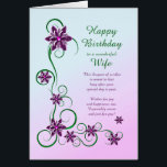 Wife Birthday with Scrolls and Flowers<br><div class="desc">An elegant and beautiful birthday card. A perfect card to give to your wife. Purple flowers and glittery scrolls make a very special birthday card.</div>