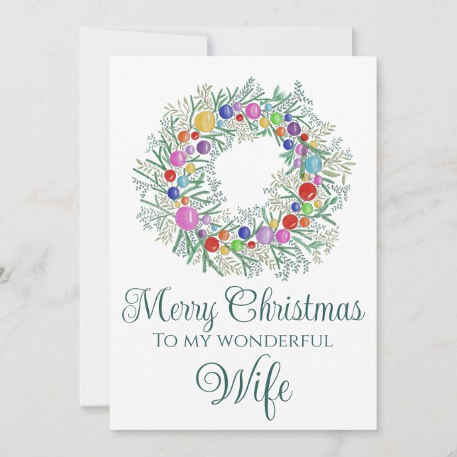 Wife Colourful Christmas Wreath Holiday Card (Front)