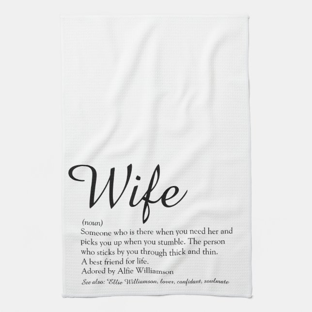 Wife Definition Chic Script Black and White Fun Tea Towel (Vertical)