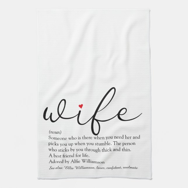 Wife Definition Red Heart Black and White Script Tea Towel (Vertical)