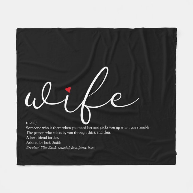 Wife Elegant Script Red Love Heart Personalised Fleece Blanket (Front (Horizontal))