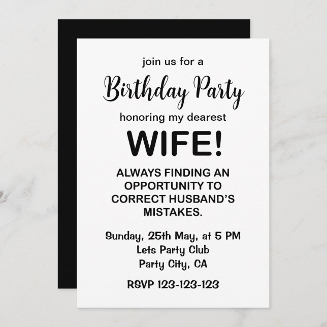 Wife Funny Typography Wife Birthday Invitation (Front/Back)