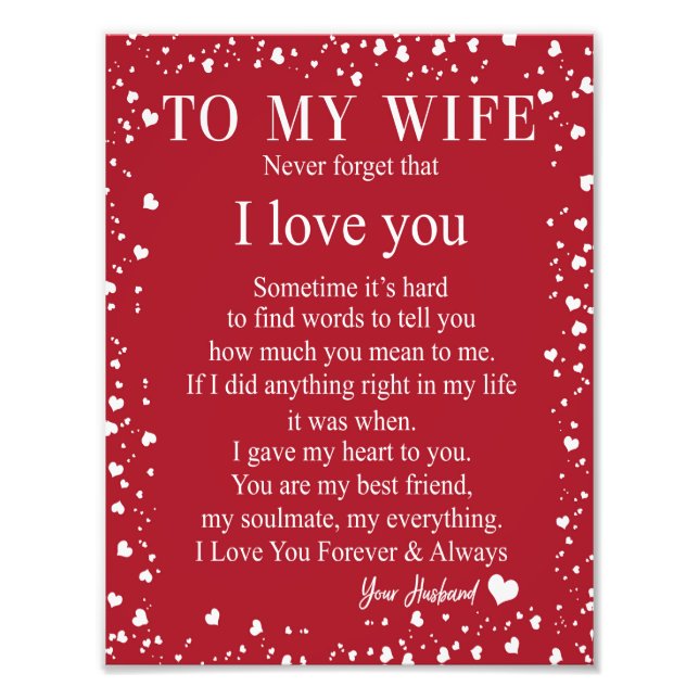 Wife Gifts | Letter To My Wife Love From Husband Photo Print (Front)