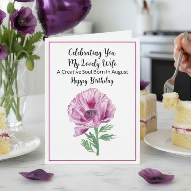 Wife Happy August Birthday Purple Poppy  Card (Creator Uploaded)