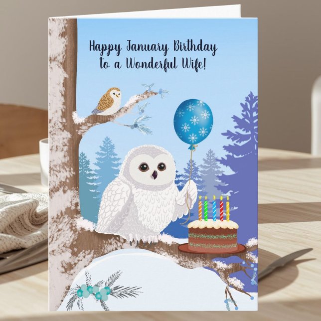 Wife Happy January Birthday Snowy Owl Card (Creator Uploaded)
