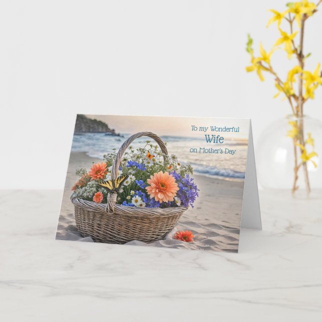 Wife Happy Mothers Day with Basket Flowers Beach Card (Yellow Flower)